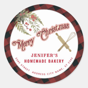 Bakery rolling pin whisk holiday packaging plaid  classic round sticker