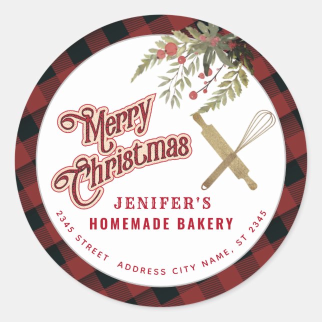 Bakery rolling pin whisk holiday packaging plaid  classic round sticker (Front)