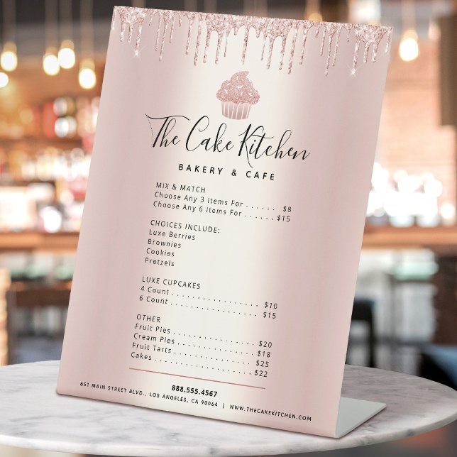 Bakery Rose Gold Glitter Drips Menu Price List Pedestal Sign (Creator Uploaded)