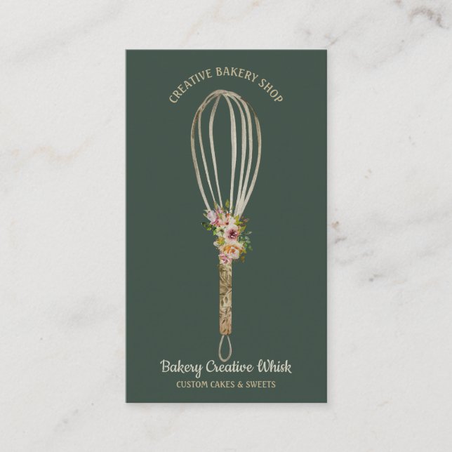 Bakery Rustic Whisk Floral sage green gold rustic Business Card (Front)