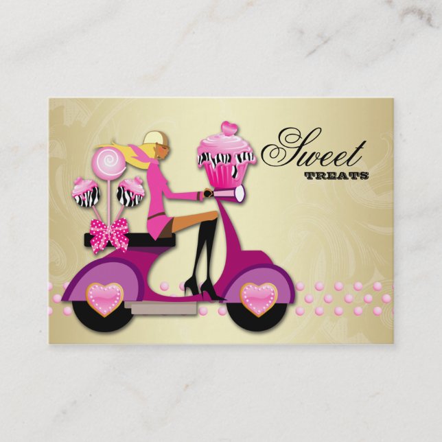 Bakery Scooter Girl Pink Gold Cake Pops Zebra Business Card (Front)