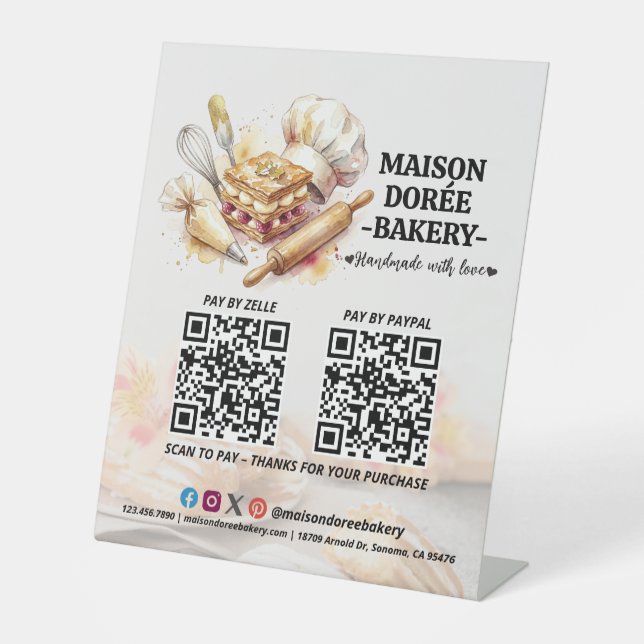 Bakery Store Pastry Cake Baker QR Code Pay Here Pedestal Sign (Front)