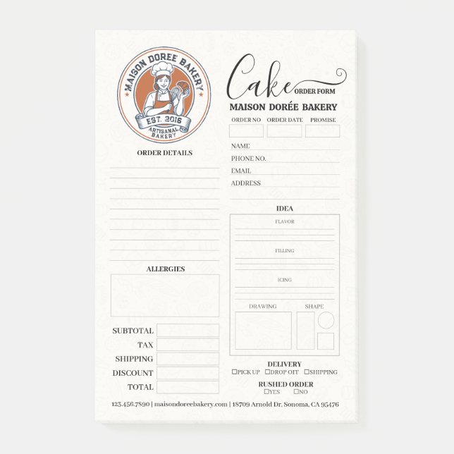 Bakery Store Pastry Chef Cake Baker Order Form Post-it Notes (Front)