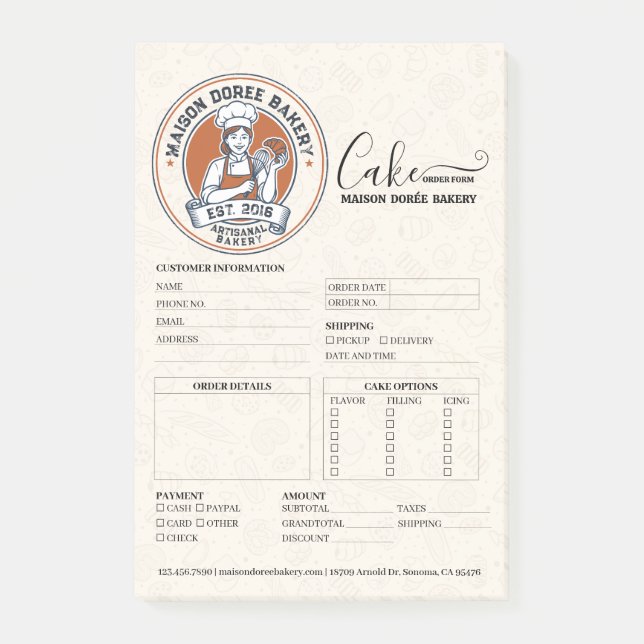 Bakery Store Pastry Chef Cake Baker Order Form Post-it Notes (Front)