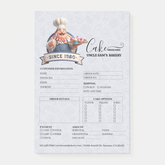 Bakery Store Pastry Chef Cake Baker Order Form Post-it Notes (Front)
