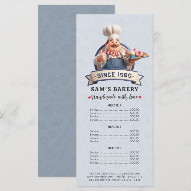 Bakery Store Pastry Chef Desserts Sweet Price List Menu (Front/Back)