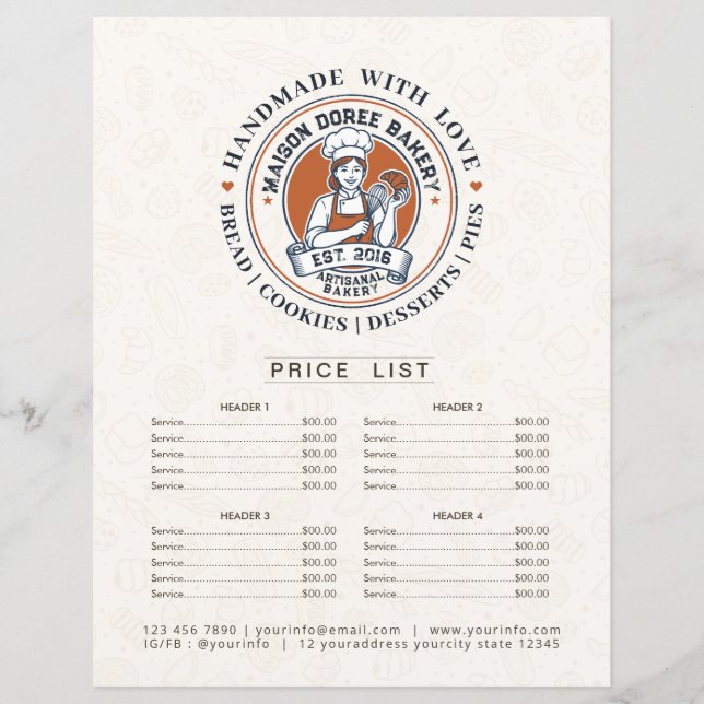 Bakery Store Pastry Chef Menu Price List Pay Here (Front)