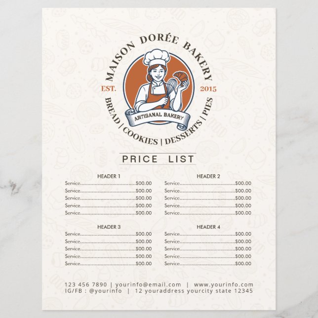 Bakery Store Pastry Chef Menu Price List Pay Here (Front)