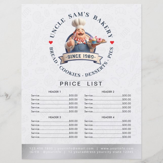 Bakery Store Pastry Chef Menu Price List Pay Here (Front)