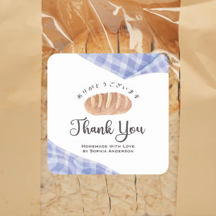 Bakery Thank You Watercolor Bread Blue Gingham Square Sticker