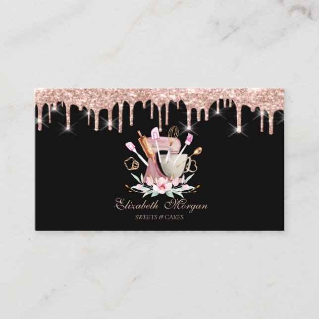 Bakery Tools Mixer Flowers Rose Gold Drips Bakery  Business Card (Front)