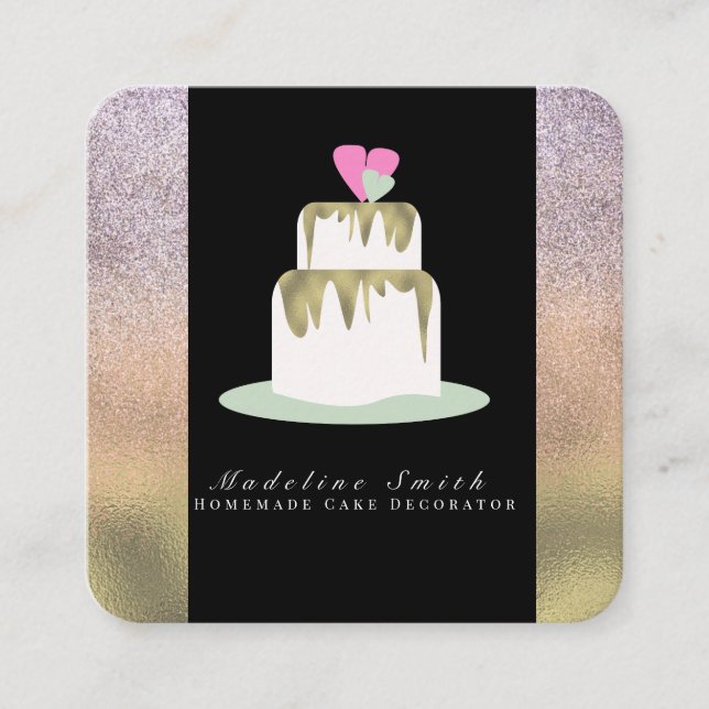 Bakery Two Tier Wedding Cake Gold Sparkle Square Business Card (Front)