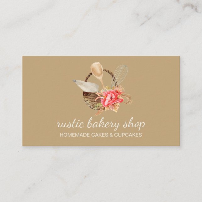 Bakery Utensils with Rustic Basket brown Business Card (Front)