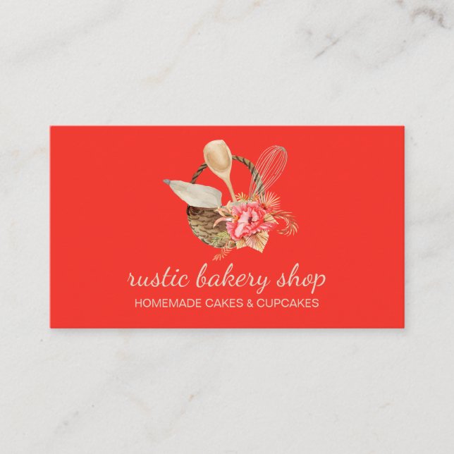 Bakery Utensils with Rustic Basket red Business Card (Front)