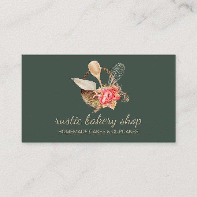 Bakery Utensils with Rustic Basket sage green gold Business Card (Front)