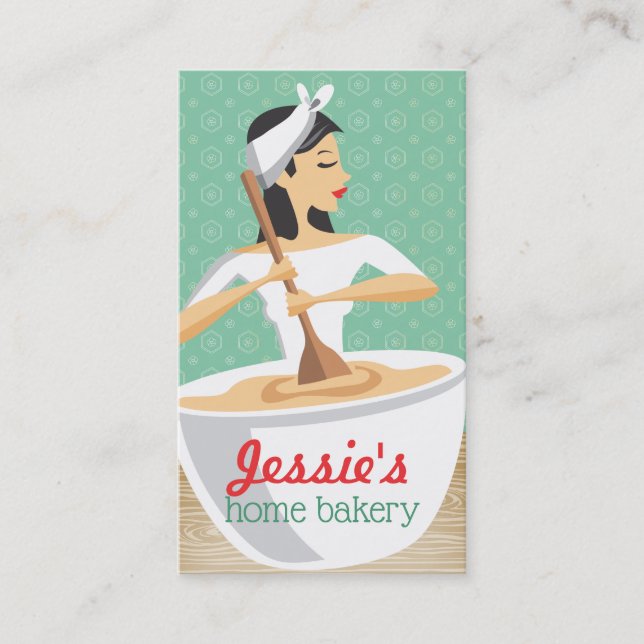Bakery woman baking mixing bowl black hair business card (Front)