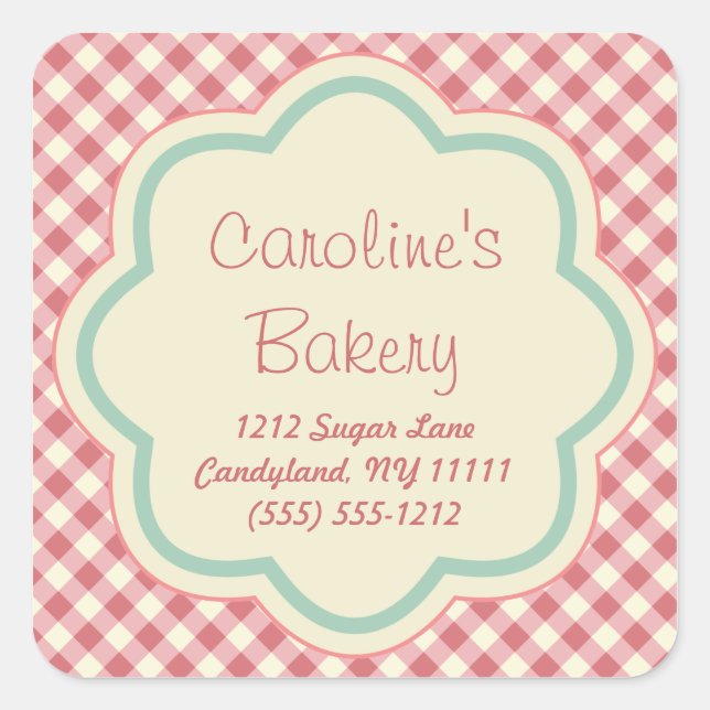 Baking and Bakery Boutique Stickers, Pink Gingham Square Sticker (Front)