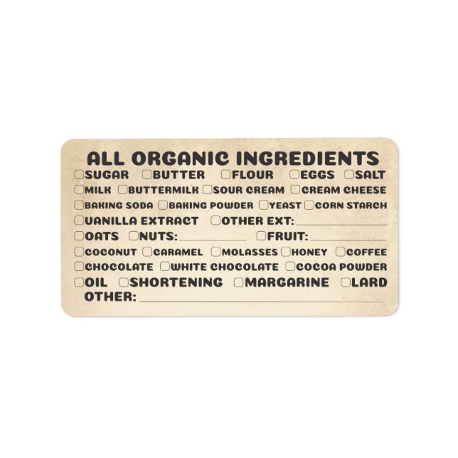 Baking bakery organic ingredients list packaging label (Front)