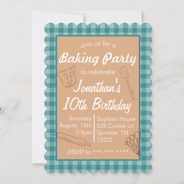 Baking Birthday Invitation Blue Plaid (Front)