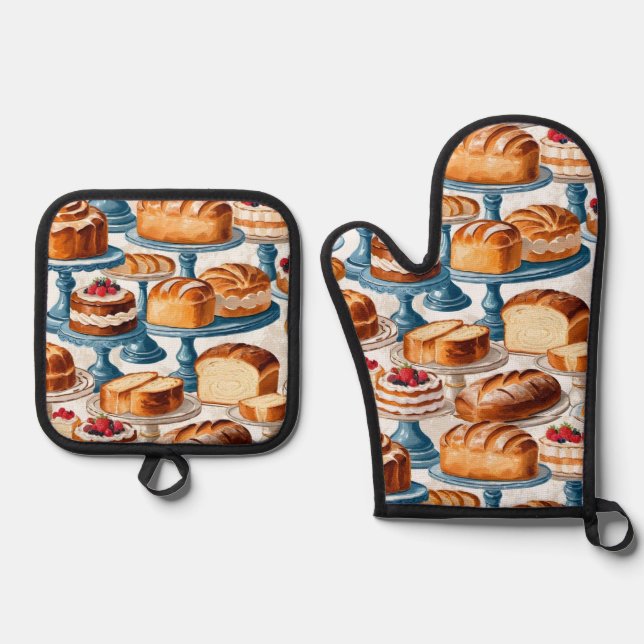 Baking Bread and Cakes Kitchen Table Cookery Oven Mitt & Pot Holder Set (Front)