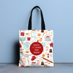 Baking Cheaper Than Therapy Funny Kitchen Red Tote Bag<br><div class="desc">Baking Cheaper Than Therapy Funny Kitchen Red Tote Bags features a colourful kitchen themed pattern with the editable text "Baking is cheaper than therapy" in modern script typography. Perfect gift for those who enjoy baking, cooking and being in the kitchen for Christmas, birthday, Mother's Day. Designed by ©Evco Studio www.zazzle.com/store/evcostudio...</div>