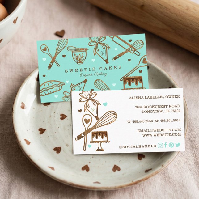 Baking & Cooking Utensil Woodgrain Texture & Blue Business Card (Creator Uploaded)