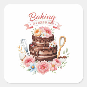 Baking Is A Work Of Heart – Chocolate Cake Square Sticker