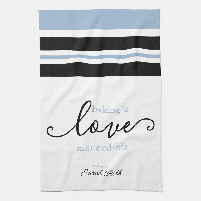 Baking is Love Made Edible Classy Script Striped Tea Towel (Vertical)