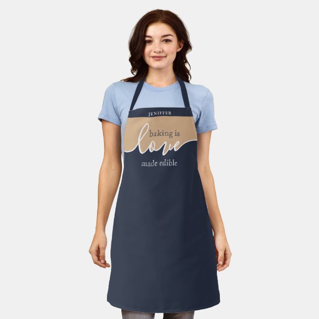 Baking is Love made Edible NAVY TAN Script Classy Apron (Worn)