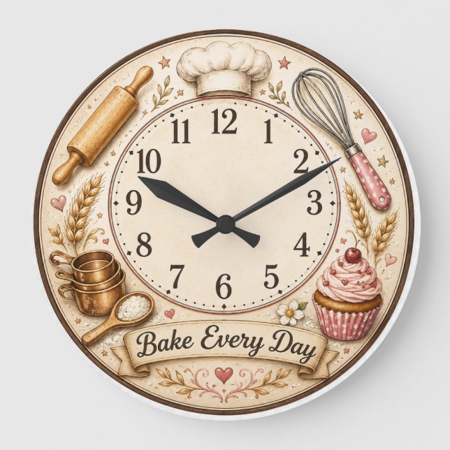 Baking Kitchen Wall Clock Whisk & Cupcake Design (Front)