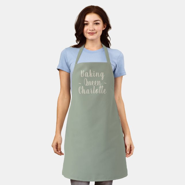 Baking queen sage green custom script name stylish apron (Worn)