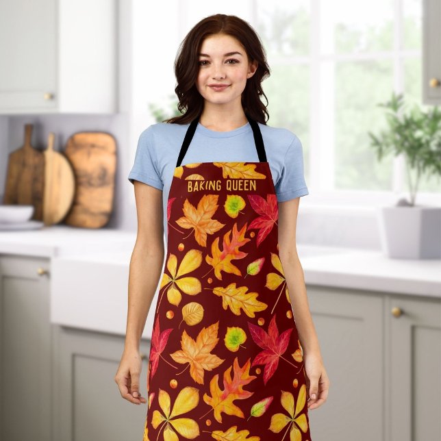 Baking Queen Watercolor Autumn Leaves Apron (Creator Uploaded)