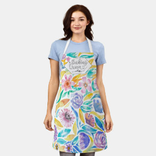 Baking Queen Yellow Purple Watercolor Flowers Apron