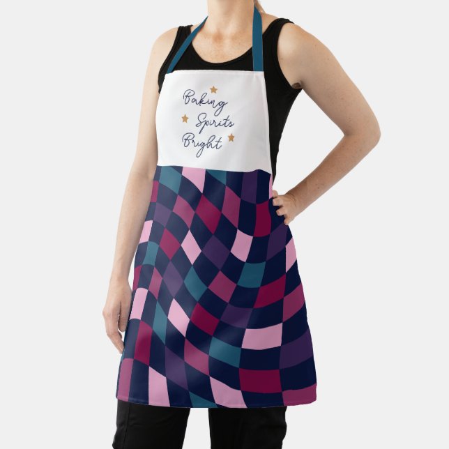 Baking Spirits Bright Bold Warped Chequered Apron (Insitu)