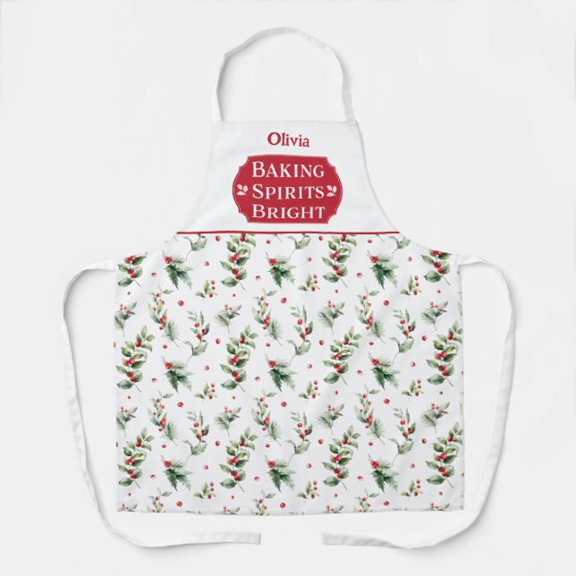 Baking Spirits Bright Floral Monogrammed Christmas Apron (Front)