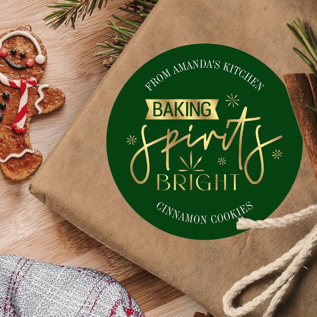 Baking Spirits Bright Green Gold Christmas Cookies Classic Round Sticker (Spread the Christmas charm with these pine green & faux gold Baking Spirits Bright stickers)