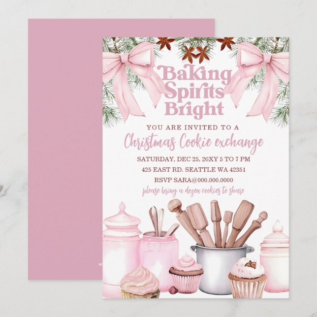 Baking Spirits Bright Pink Cookie Exchange  Invitation (Front/Back)
