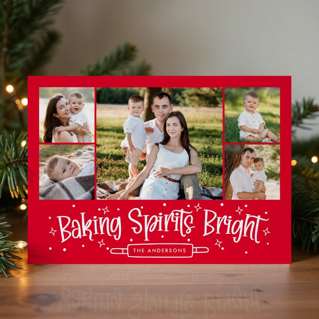 Baking Spirits Bright Red 5 Photo Collage Holiday Card (Creator Uploaded)