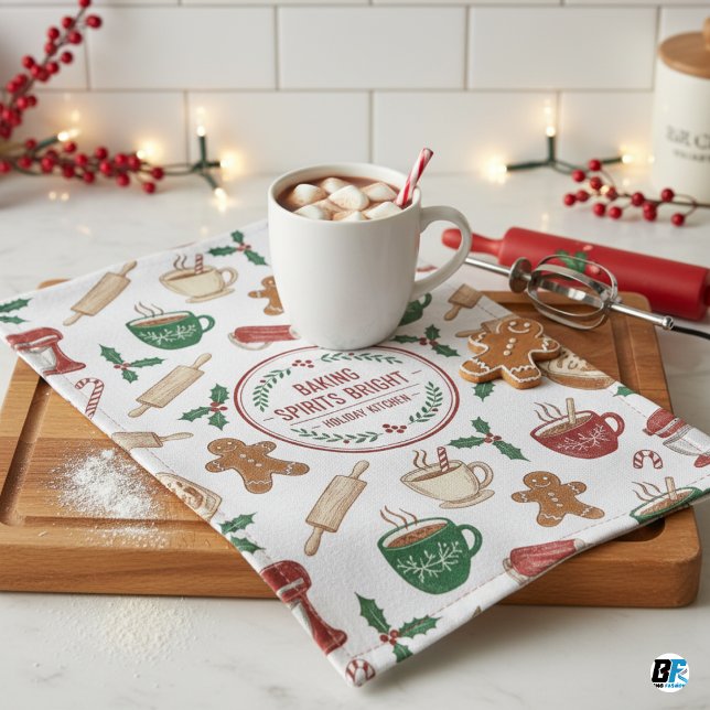 Baking Spirits Bright- Vintage Christmas Tea Towel (Kitchen Towel)