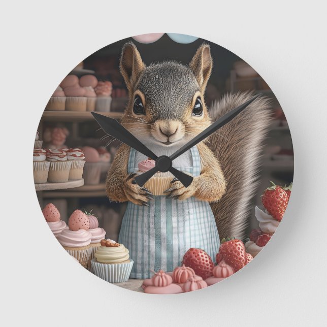 Baking Squirrel with Cupcake Round Clock (Front)