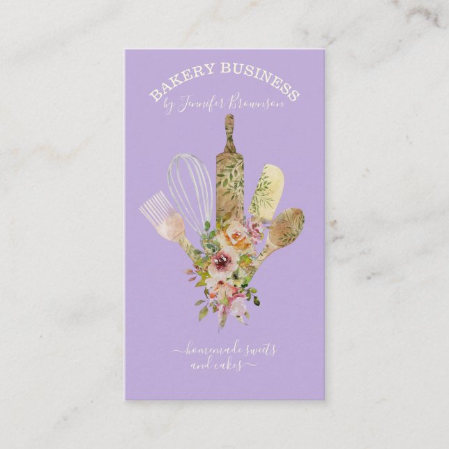 Baking utensils Catering Cook Chef purple Business Card (Front)