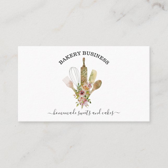 Baking utensils Catering rustic green floral Business Card (Front)
