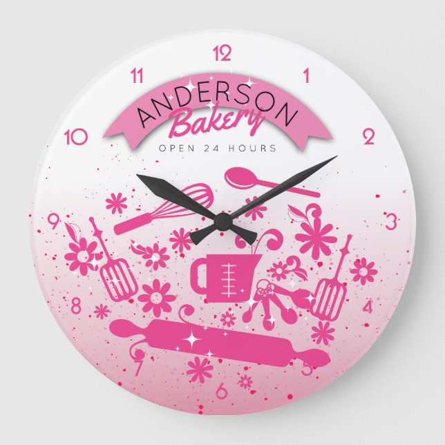 Baking utensils cooking personalized pink kitchen large clock (Front)