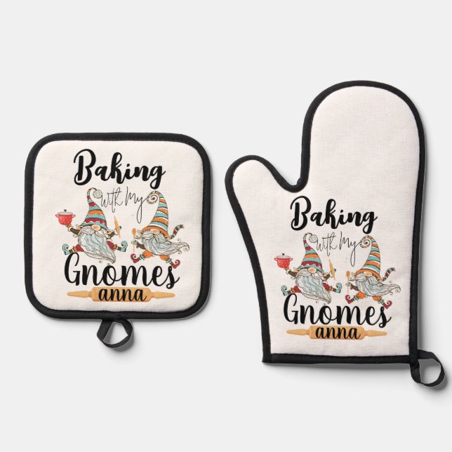 Baking with my Gnomes Modern Funny Scandinavian Oven Mitt & Pot Holder Set (Front)