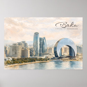 Baku Azerbaijan Capital Watercolor Travel Gift Poster