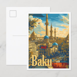 Baku Azerbaijan Vintage Art Travel Illustration Postcard