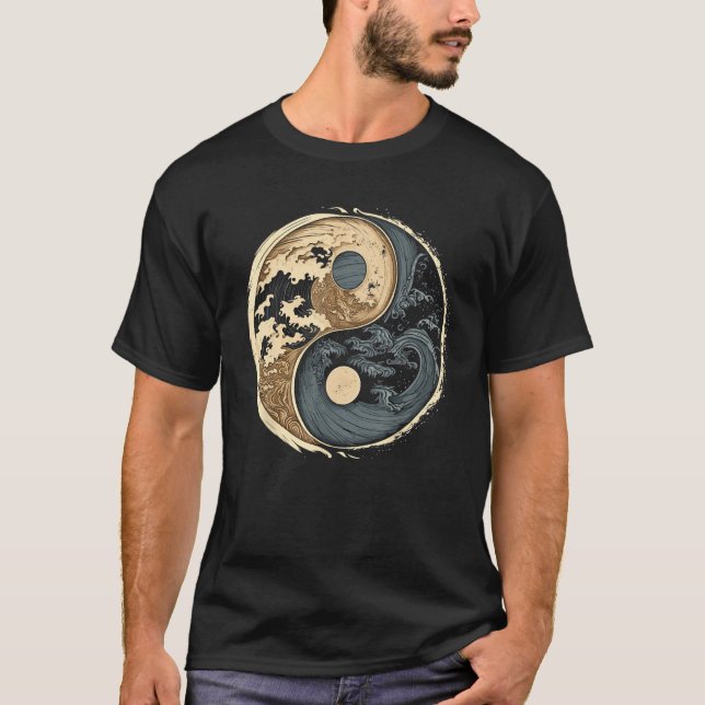 Balance and Harmony Yin Yang Symbol with Waves T-Shirt (Front)