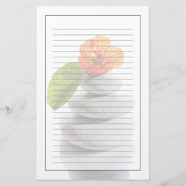 Balanced stones and red flower stationery (Front)