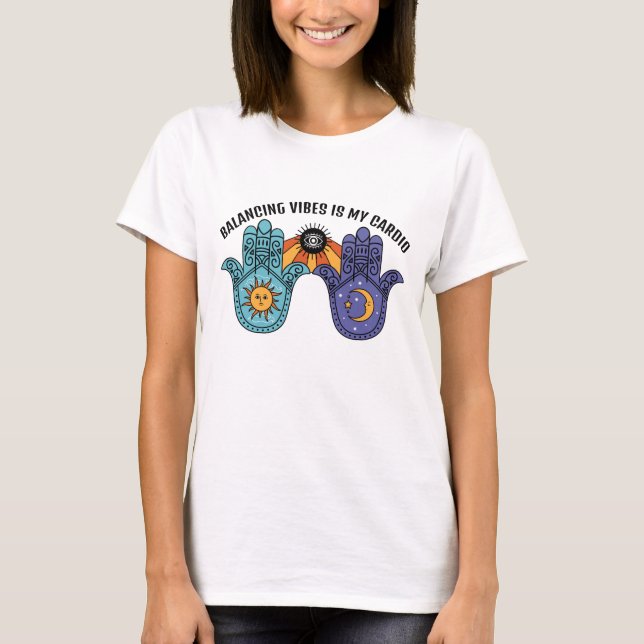 Balancing Vibes Sun & Moon Celestial Hamsa T-Shirt (Front)