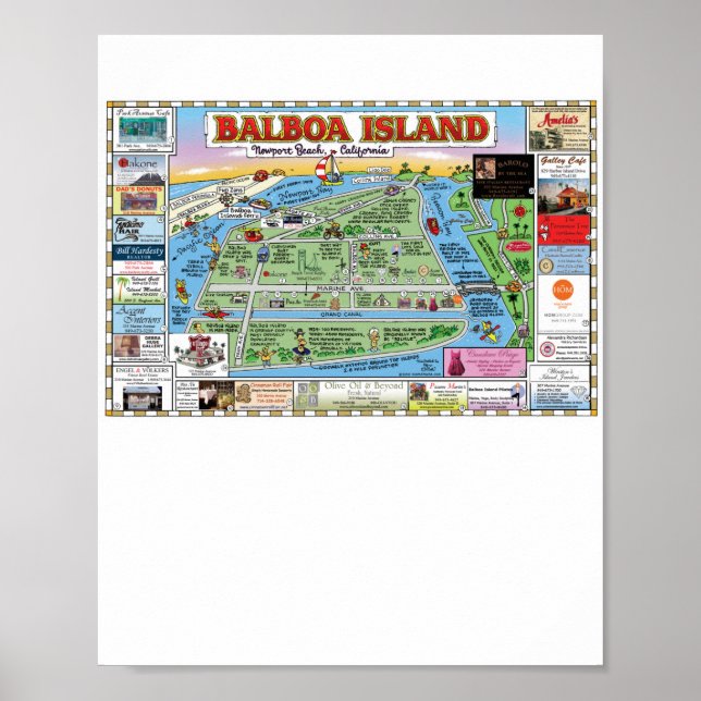 Balboa Island, Newport Beach, Cartoon Map Poster (Front)